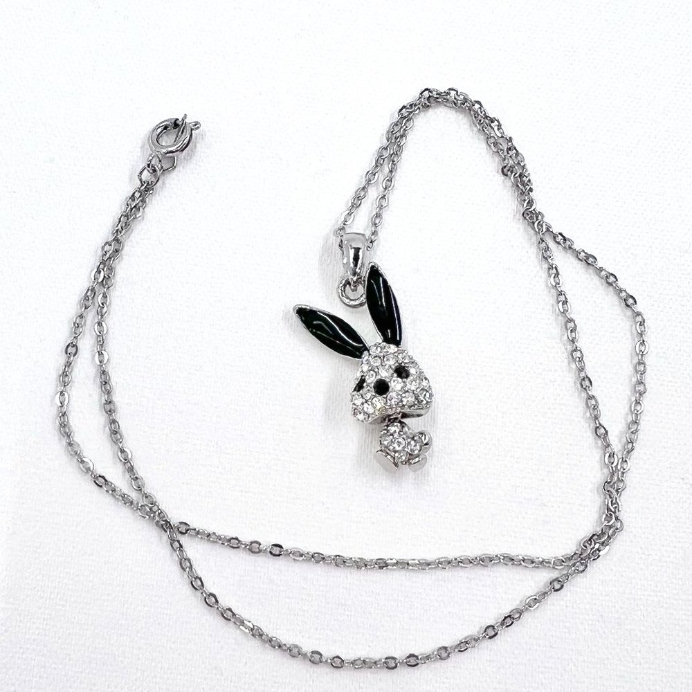 Cute Jointed Jeweled Bunny Rabbit Silver Tone 18” Flat Link Chain Necklace